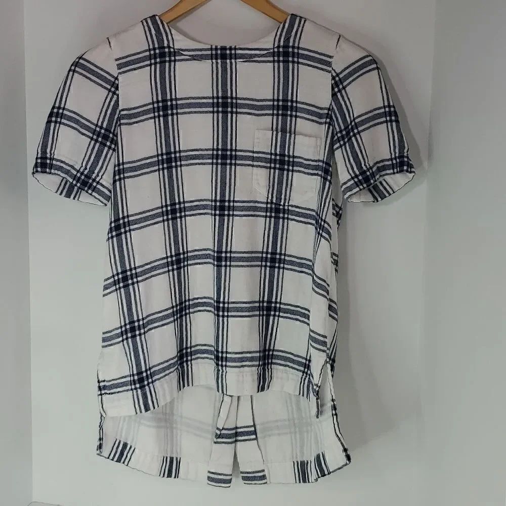 Madewell Flannel Plaid Short Sleeve High Low Top Blue White Button Detail XXS